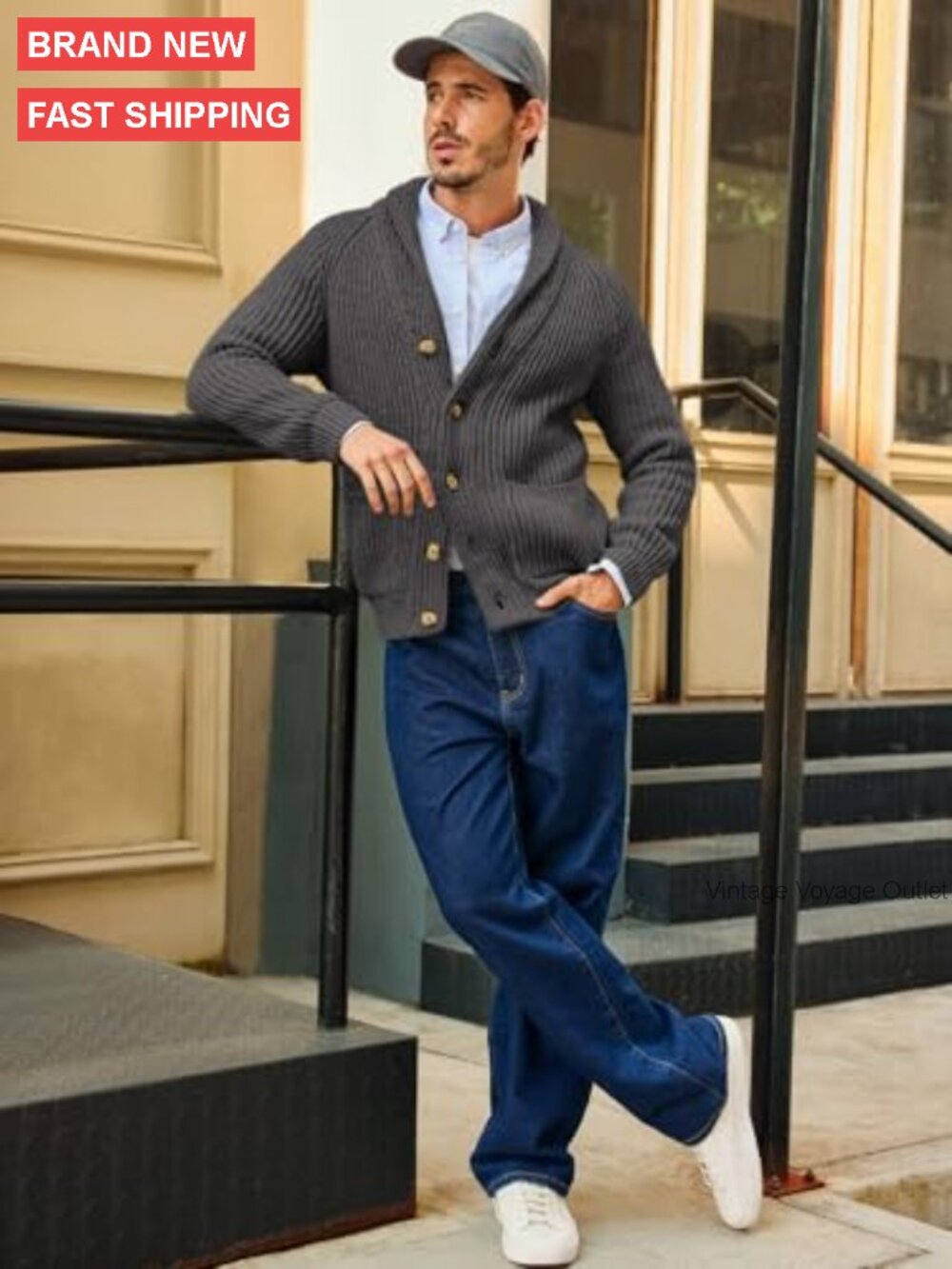 Men's Cable Knit Shawl Collar Cardigan Sweater with Pockets - Picture 4 of 7